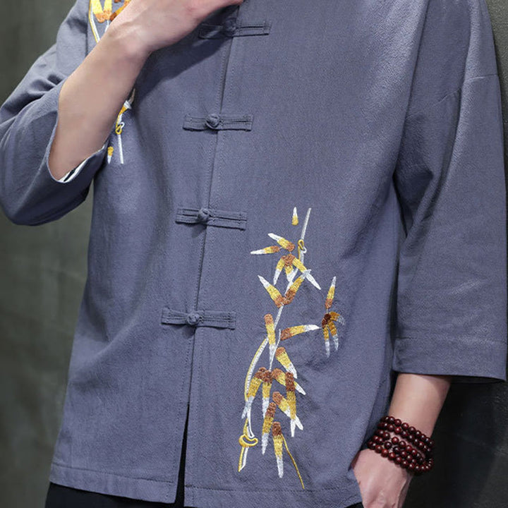 Camicia da uomo con maniche a tre quarti, bottoni cinesi a forma di rana e ricamo Buddha Stones