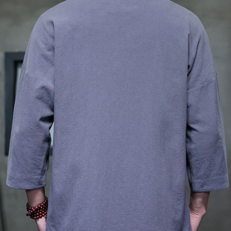 Camicia da uomo con maniche a tre quarti, bottoni cinesi a forma di rana e ricamo Buddha Stones