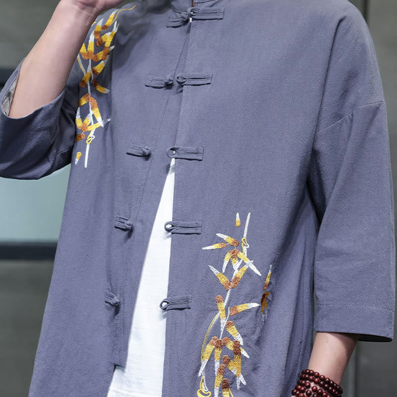 Camicia da uomo con maniche a tre quarti, bottoni cinesi a forma di rana e ricamo Buddha Stones