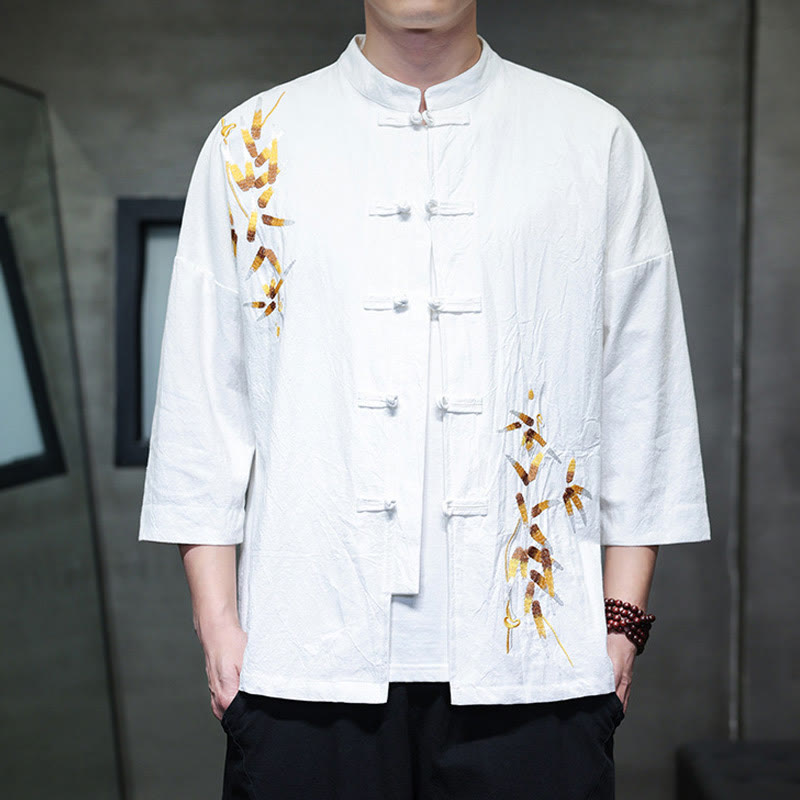 Camicia da uomo con maniche a tre quarti, bottoni cinesi a forma di rana e ricamo Buddha Stones