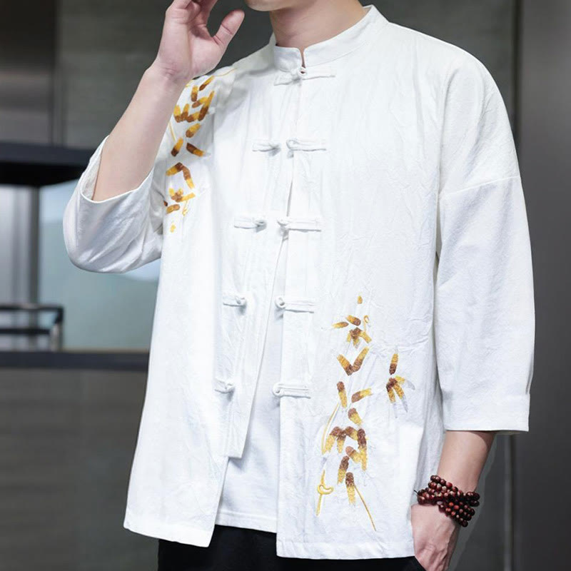 Camicia da uomo con maniche a tre quarti, bottoni cinesi a forma di rana e ricamo Buddha Stones