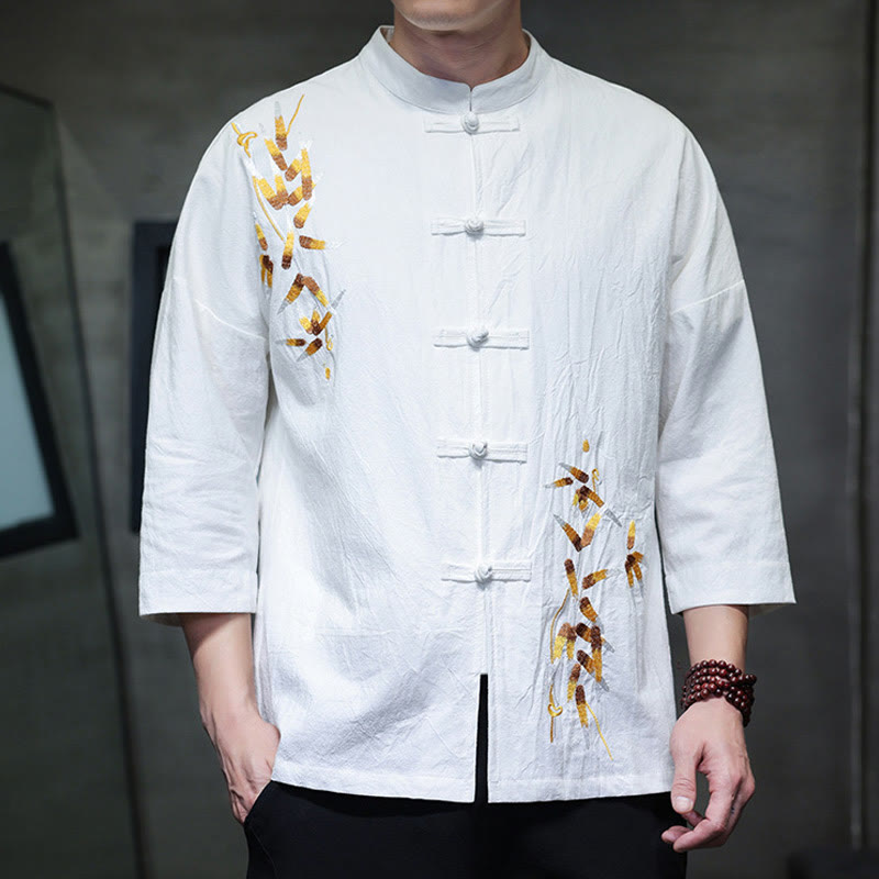 Camicia da uomo con maniche a tre quarti, bottoni cinesi a forma di rana e ricamo Buddha Stones