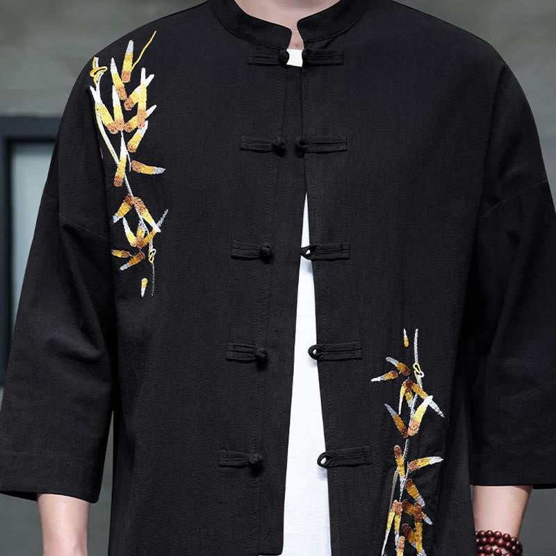 Camicia da uomo con maniche a tre quarti, bottoni cinesi a forma di rana e ricamo Buddha Stones