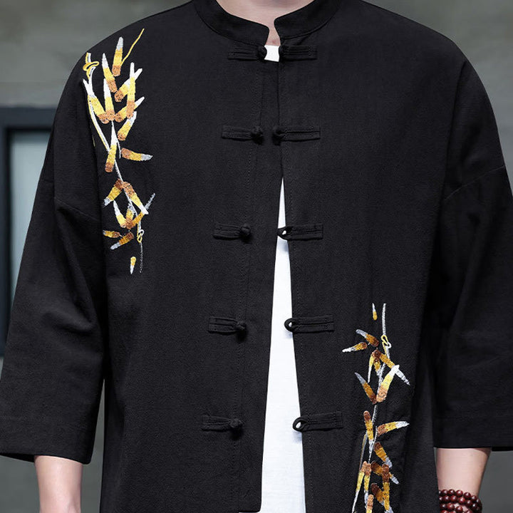 Camicia da uomo con maniche a tre quarti, bottoni cinesi a forma di rana e ricamo Buddha Stones