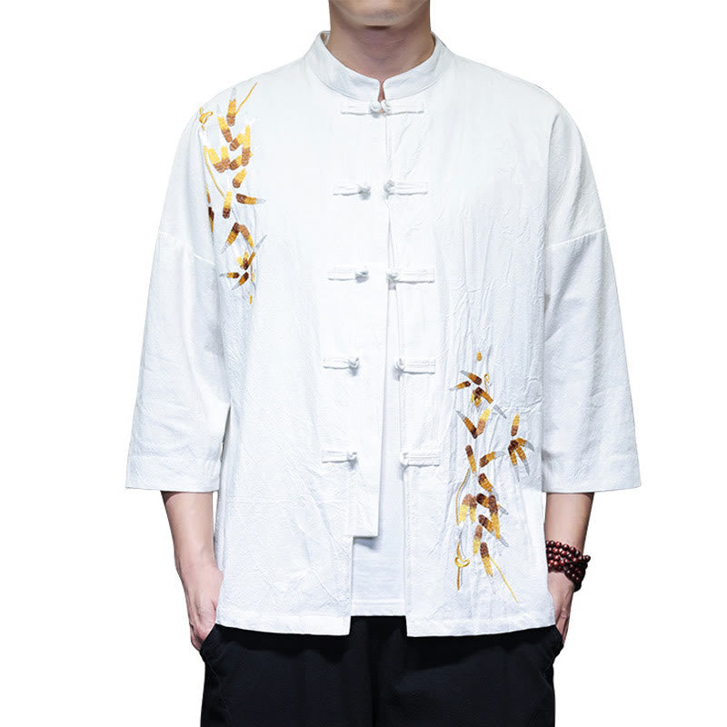 Camicia da uomo con maniche a tre quarti, bottoni cinesi a forma di rana e ricamo Buddha Stones
