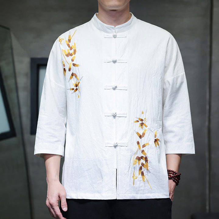 Camicia da uomo con maniche a tre quarti, bottoni cinesi a forma di rana e ricamo Buddha Stones