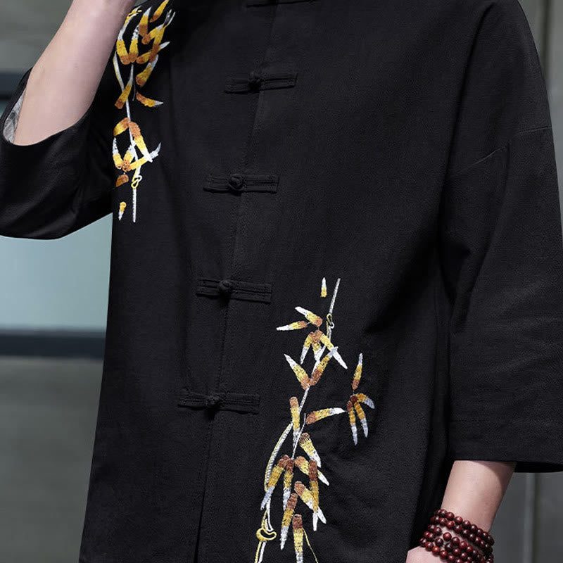 Camicia da uomo con maniche a tre quarti, bottoni cinesi a forma di rana e ricamo Buddha Stones
