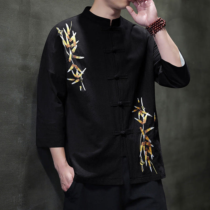 Camicia da uomo con maniche a tre quarti, bottoni cinesi a forma di rana e ricamo Buddha Stones