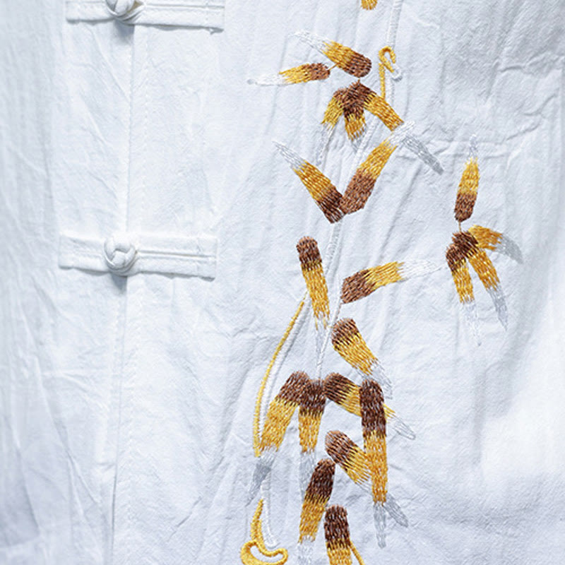 Camicia da uomo con maniche a tre quarti, bottoni cinesi a forma di rana e ricamo Buddha Stones