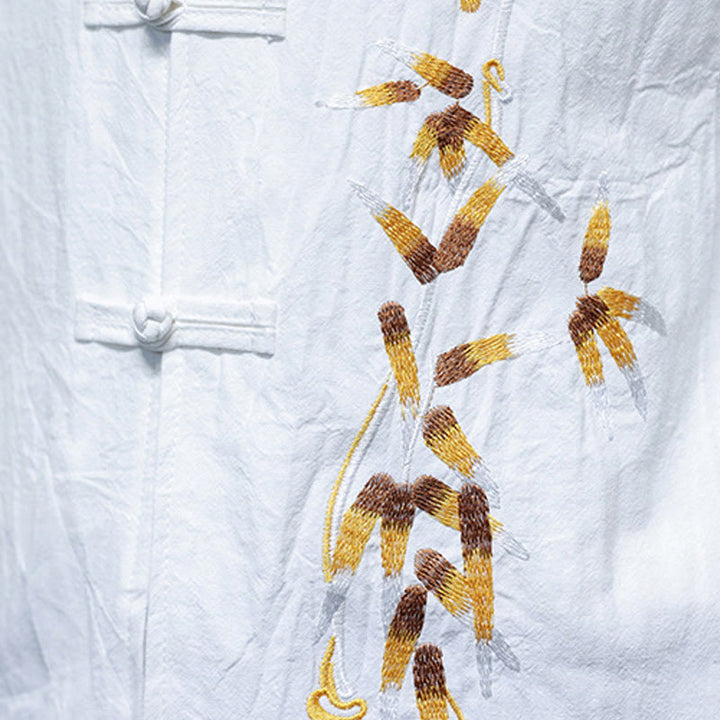 Camicia da uomo con maniche a tre quarti, bottoni cinesi a forma di rana e ricamo Buddha Stones