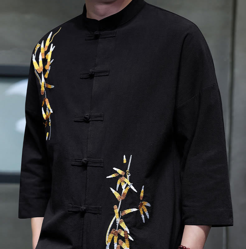 Camicia da uomo con maniche a tre quarti, bottoni cinesi a forma di rana e ricamo Buddha Stones