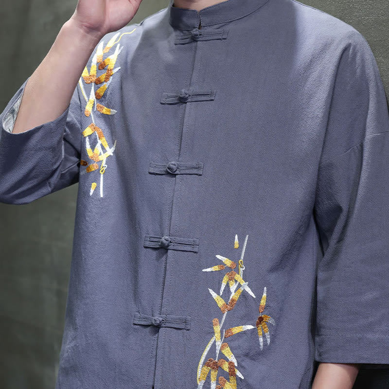 Camicia da uomo con maniche a tre quarti, bottoni cinesi a forma di rana e ricamo Buddha Stones