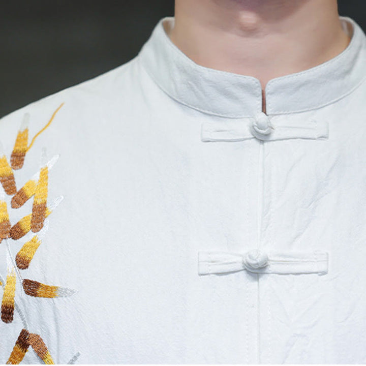 Camicia da uomo con maniche a tre quarti, bottoni cinesi a forma di rana e ricamo Buddha Stones