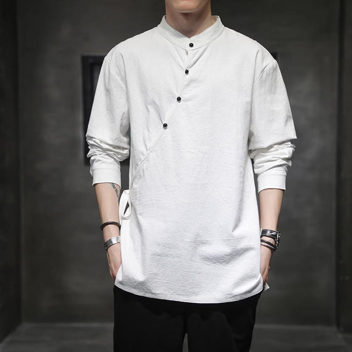 Camicia da uomo in cotone e lino a maniche lunghe con lacci e bottoni, modello Buddha Stones - image 14