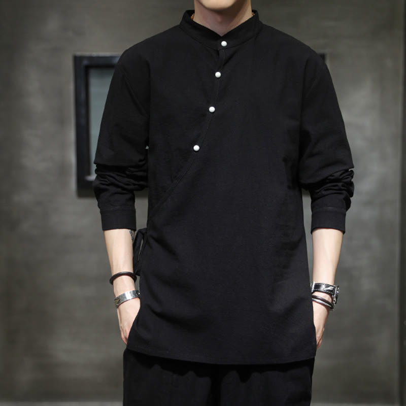 Camicia da uomo in cotone e lino a maniche lunghe con lacci e bottoni, modello Buddha Stones - Nero - US/UK/AU46, EU56 (5XL) - image 0