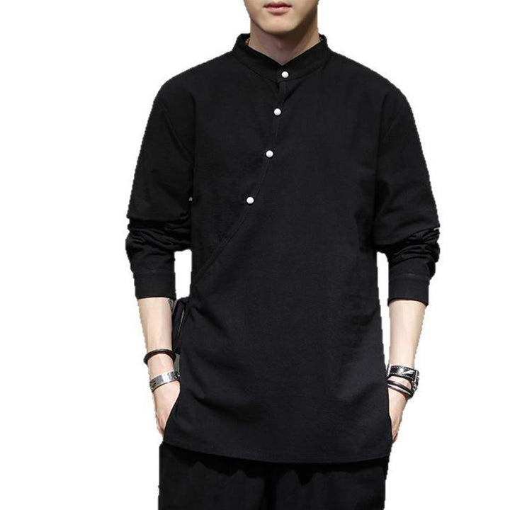 Camicia da uomo in cotone e lino a maniche lunghe con lacci e bottoni, modello Buddha Stones - image 12