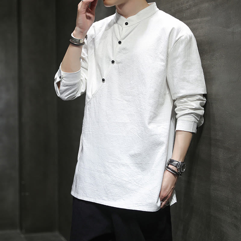 Camicia da uomo in cotone e lino a maniche lunghe con lacci e bottoni, modello Buddha Stones - image 18