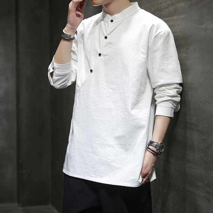 Camicia da uomo in cotone e lino a maniche lunghe con lacci e bottoni, modello Buddha Stones - image 18