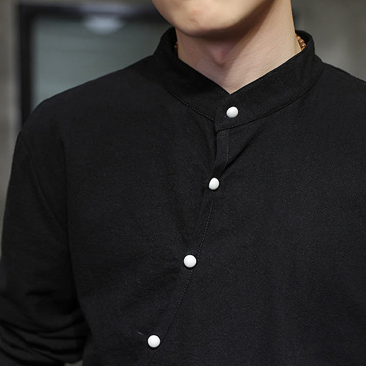 Camicia da uomo in cotone e lino a maniche lunghe con lacci e bottoni, modello Buddha Stones - image 8