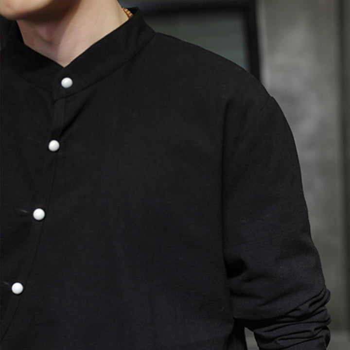 Camicia da uomo in cotone e lino a maniche lunghe con lacci e bottoni, modello Buddha Stones - image 9