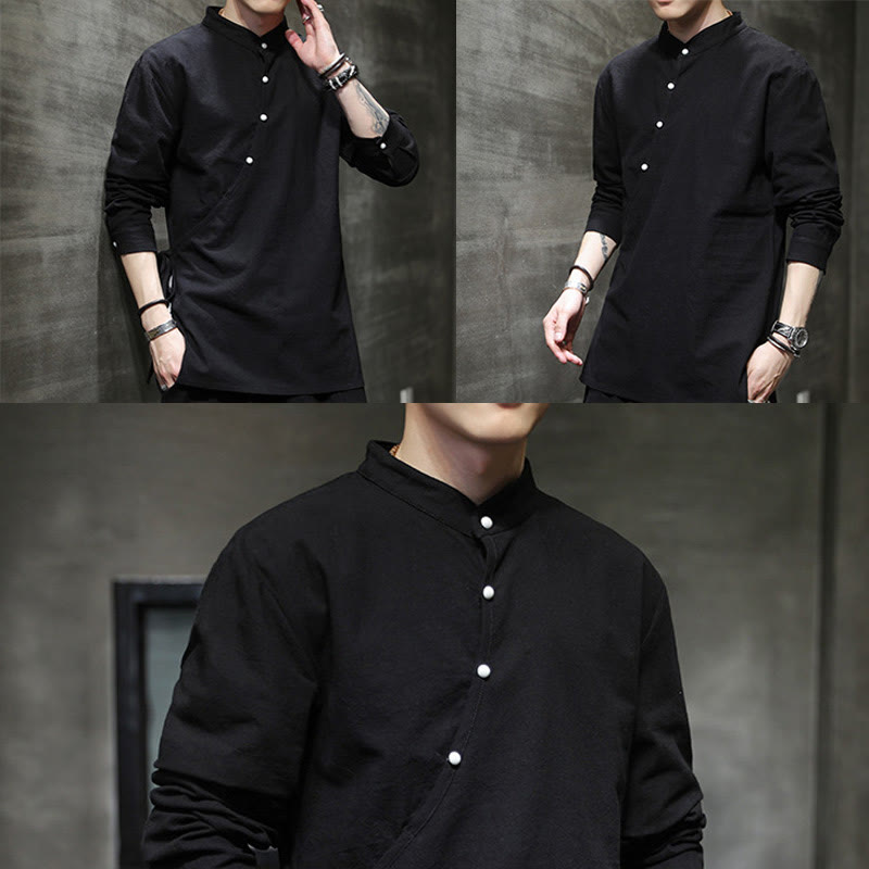 Camicia da uomo in cotone e lino a maniche lunghe con lacci e bottoni, modello Buddha Stones - image 11