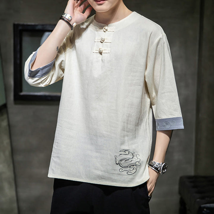 Camicia da uomo in cotone e lino con maniche corte, scollo a giro, ricamo estivo Buddha Stones, bottoni a rana, tinta unita - image 14