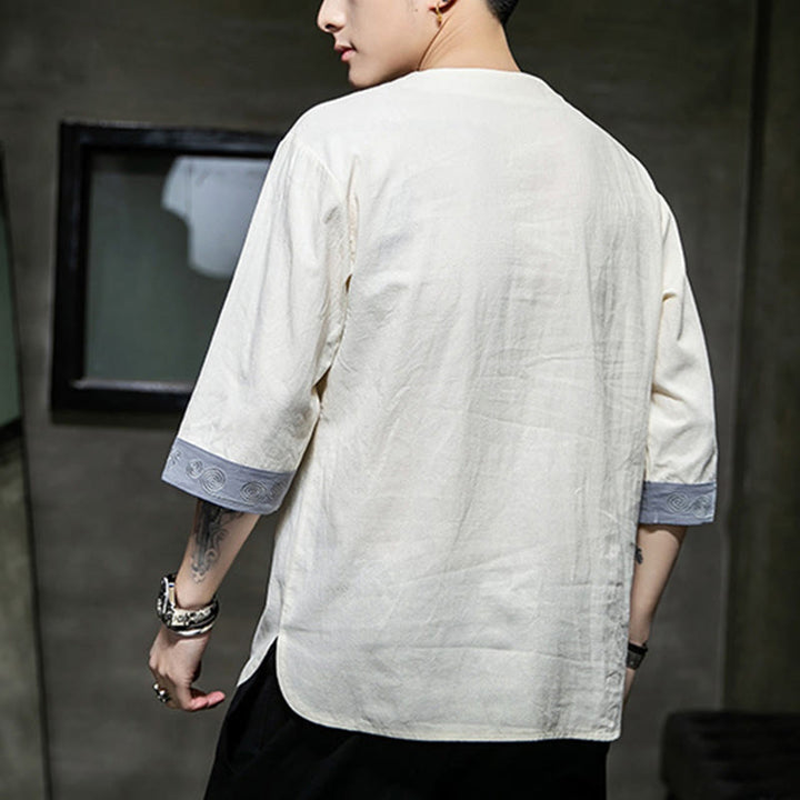 Camicia da uomo in cotone e lino con maniche corte, scollo a giro, ricamo estivo Buddha Stones, bottoni a rana, tinta unita - image 15