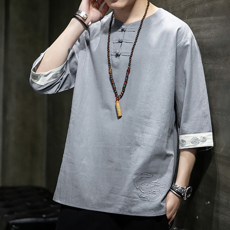 Camicia da uomo in cotone e lino con maniche corte, scollo a giro, ricamo estivo Buddha Stones, bottoni a rana, tinta unita - image 7