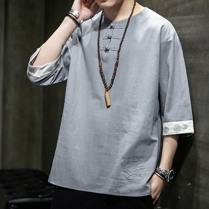 Camicia da uomo in cotone e lino con maniche corte, scollo a giro, ricamo estivo Buddha Stones, bottoni a rana, tinta unita - image 7