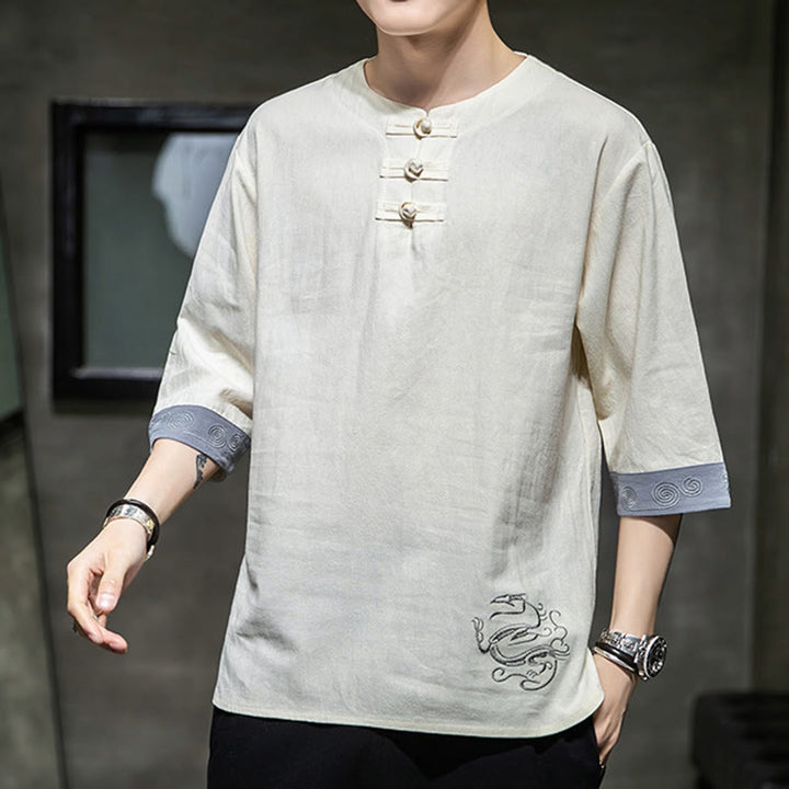 Camicia da uomo in cotone e lino con maniche corte, scollo a giro, ricamo estivo Buddha Stones, bottoni a rana, tinta unita - image 13