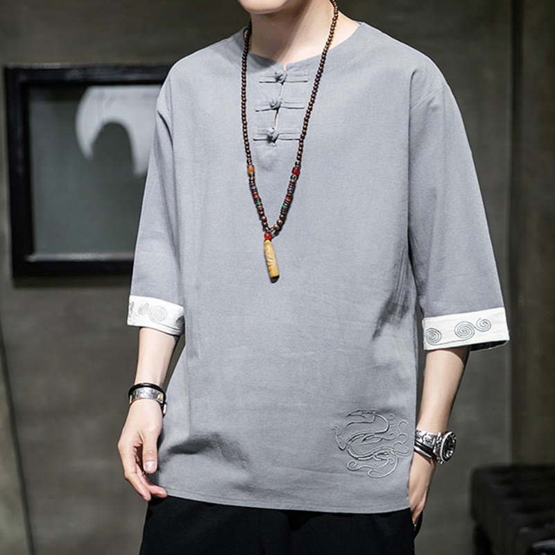 Camicia da uomo in cotone e lino con maniche corte, scollo a giro, ricamo estivo Buddha Stones, bottoni a rana, tinta unita - image 1