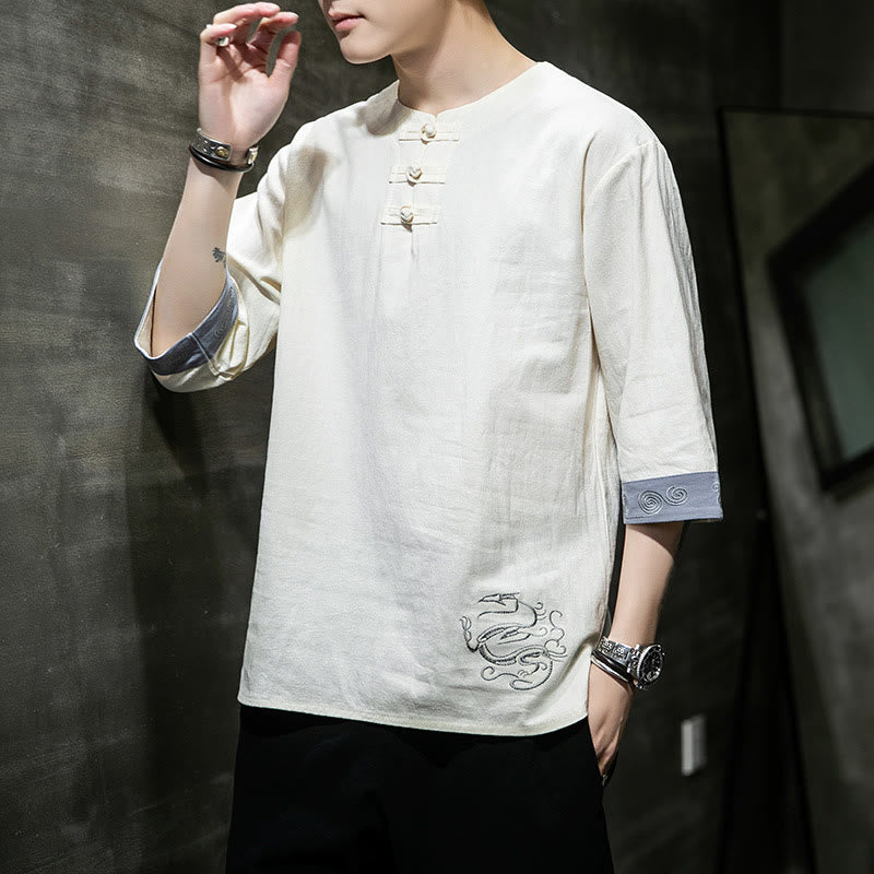 Camicia da uomo in cotone e lino con maniche corte, scollo a giro, ricamo estivo Buddha Stones, bottoni a rana, tinta unita - image 11