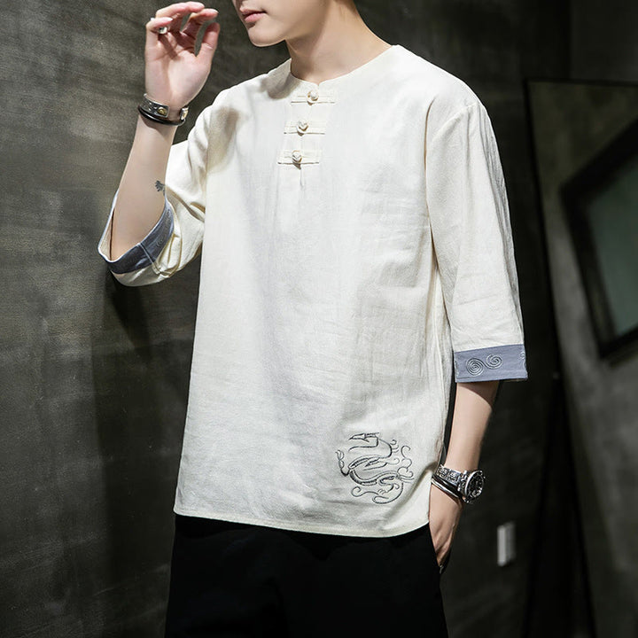 Camicia da uomo in cotone e lino con maniche corte, scollo a giro, ricamo estivo Buddha Stones, bottoni a rana, tinta unita - image 11