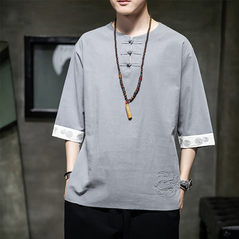 Camicia da uomo in cotone e lino con maniche corte, scollo a giro, ricamo estivo Buddha Stones, bottoni a rana, tinta unita - Argento - US/UK/AU46, EU56 (5XL) - image 0