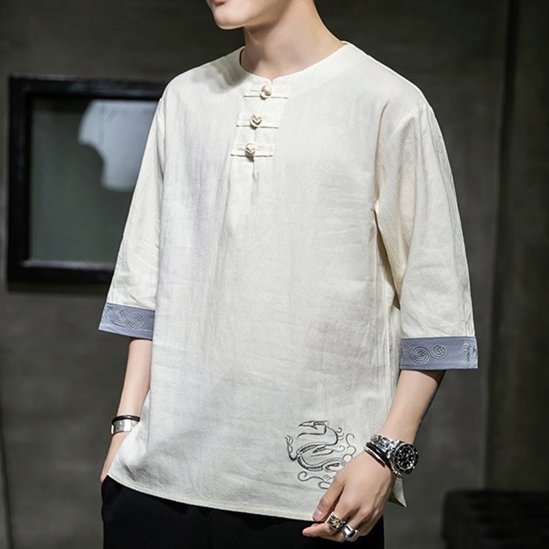 Camicia da uomo in cotone e lino con maniche corte, scollo a giro, ricamo estivo Buddha Stones, bottoni a rana, tinta unita - image 10