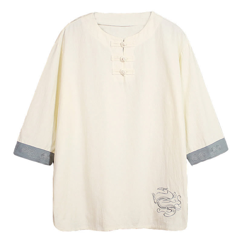 Camicia da uomo in cotone e lino con maniche corte, scollo a giro, ricamo estivo Buddha Stones, bottoni a rana, tinta unita - image 18