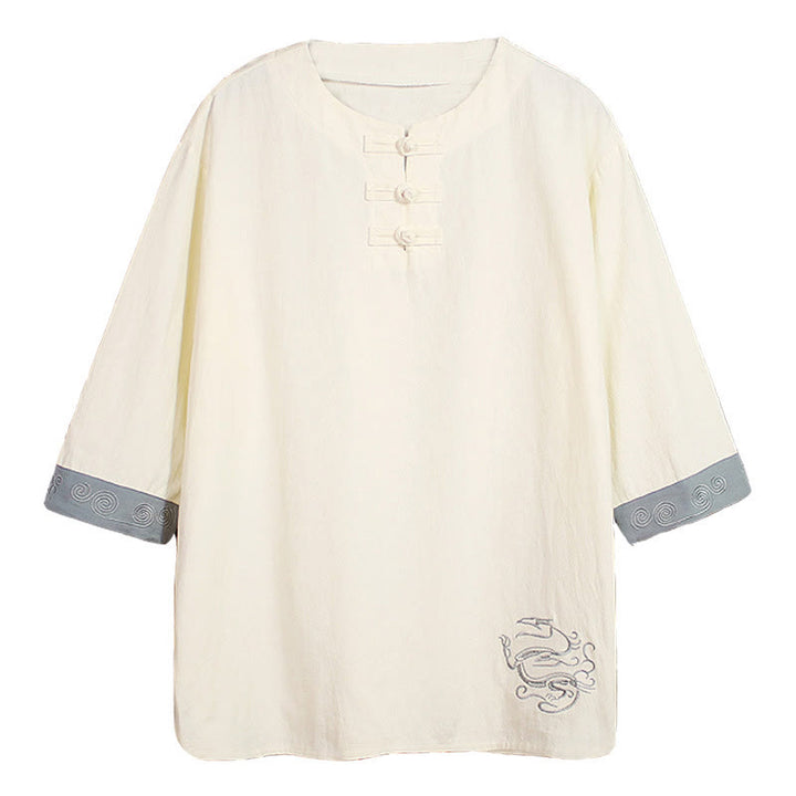 Camicia da uomo in cotone e lino con maniche corte, scollo a giro, ricamo estivo Buddha Stones, bottoni a rana, tinta unita - image 18