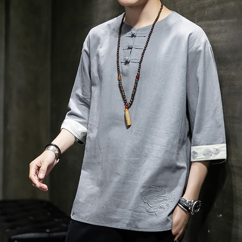 Camicia da uomo in cotone e lino con maniche corte, scollo a giro, ricamo estivo Buddha Stones, bottoni a rana, tinta unita - image 5