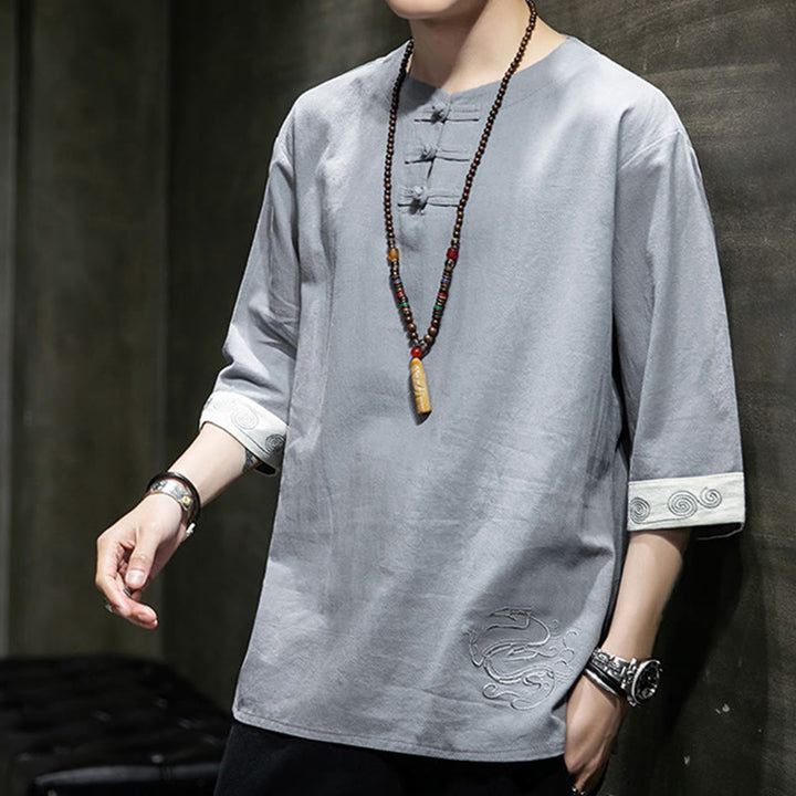 Camicia da uomo in cotone e lino con maniche corte, scollo a giro, ricamo estivo Buddha Stones, bottoni a rana, tinta unita - image 5