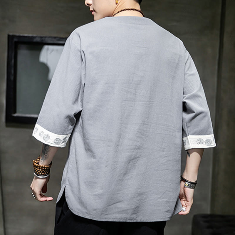 Camicia da uomo in cotone e lino con maniche corte, scollo a giro, ricamo estivo Buddha Stones, bottoni a rana, tinta unita - image 6