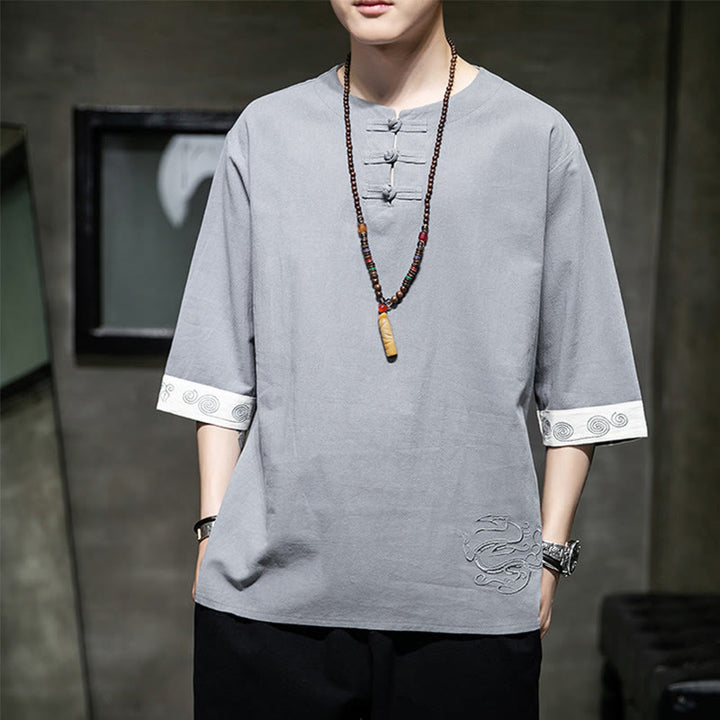 Camicia da uomo in cotone e lino con maniche corte, scollo a giro, ricamo estivo Buddha Stones, bottoni a rana, tinta unita - Argento - US/UK/AU46, EU56 (5XL) - image 0