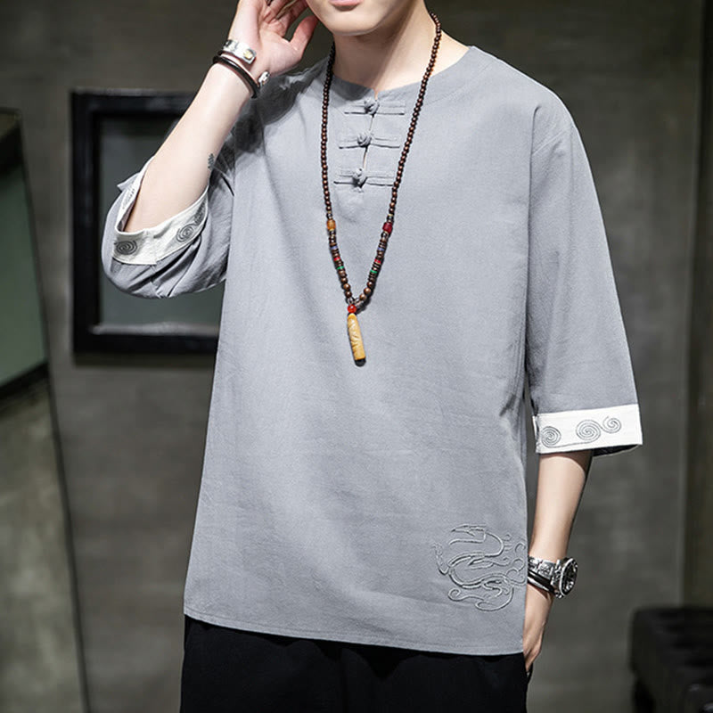 Camicia da uomo in cotone e lino con maniche corte, scollo a giro, ricamo estivo Buddha Stones, bottoni a rana, tinta unita - image 3