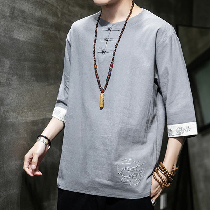 Camicia da uomo in cotone e lino con maniche corte, scollo a giro, ricamo estivo Buddha Stones, bottoni a rana, tinta unita - image 8