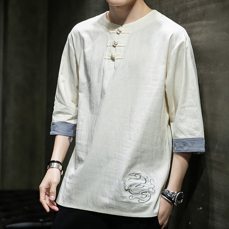 Camicia da uomo in cotone e lino con maniche corte, scollo a giro, ricamo estivo Buddha Stones, bottoni a rana, tinta unita - image 17