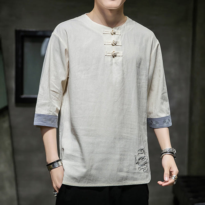 Camicia da uomo in cotone e lino con maniche corte, scollo a giro, ricamo estivo Buddha Stones, bottoni a rana, tinta unita - image 16