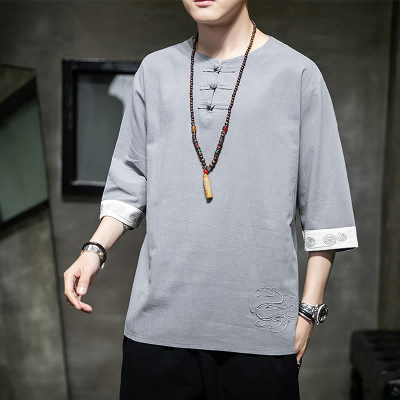 Camicia da uomo in cotone e lino con maniche corte, scollo a giro, ricamo estivo Buddha Stones, bottoni a rana, tinta unita - image 2