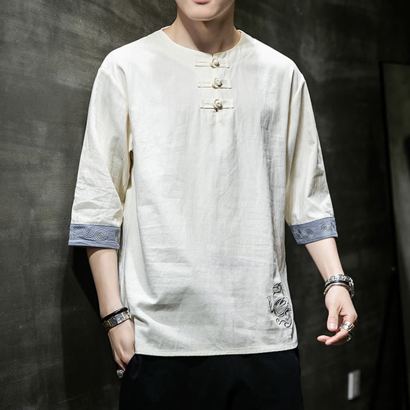 Camicia da uomo in cotone e lino con maniche corte, scollo a giro, ricamo estivo Buddha Stones, bottoni a rana, tinta unita - image 12