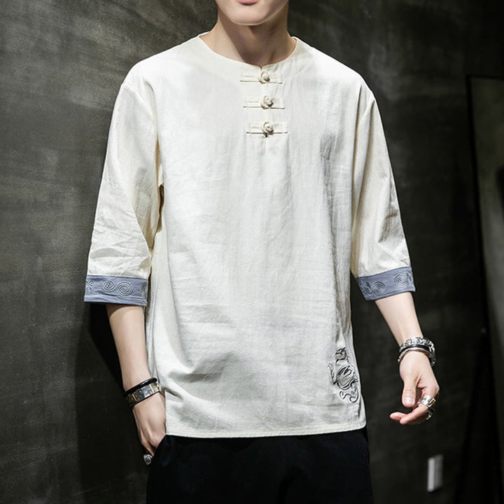 Camicia da uomo in cotone e lino con maniche corte, scollo a giro, ricamo estivo Buddha Stones, bottoni a rana, tinta unita - image 12