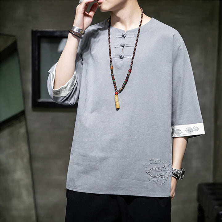 Camicia da uomo in cotone e lino con maniche corte, scollo a giro, ricamo estivo Buddha Stones, bottoni a rana, tinta unita - image 4