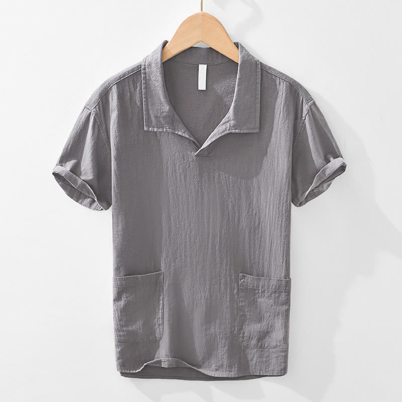 Camicia da uomo in lino e cotone a maniche corte, con tasche, modello Buddha Stones, stile vintage, tinta unita e semplice - Grigio - US/UK/AU42, EU52 (3XL) - image 0